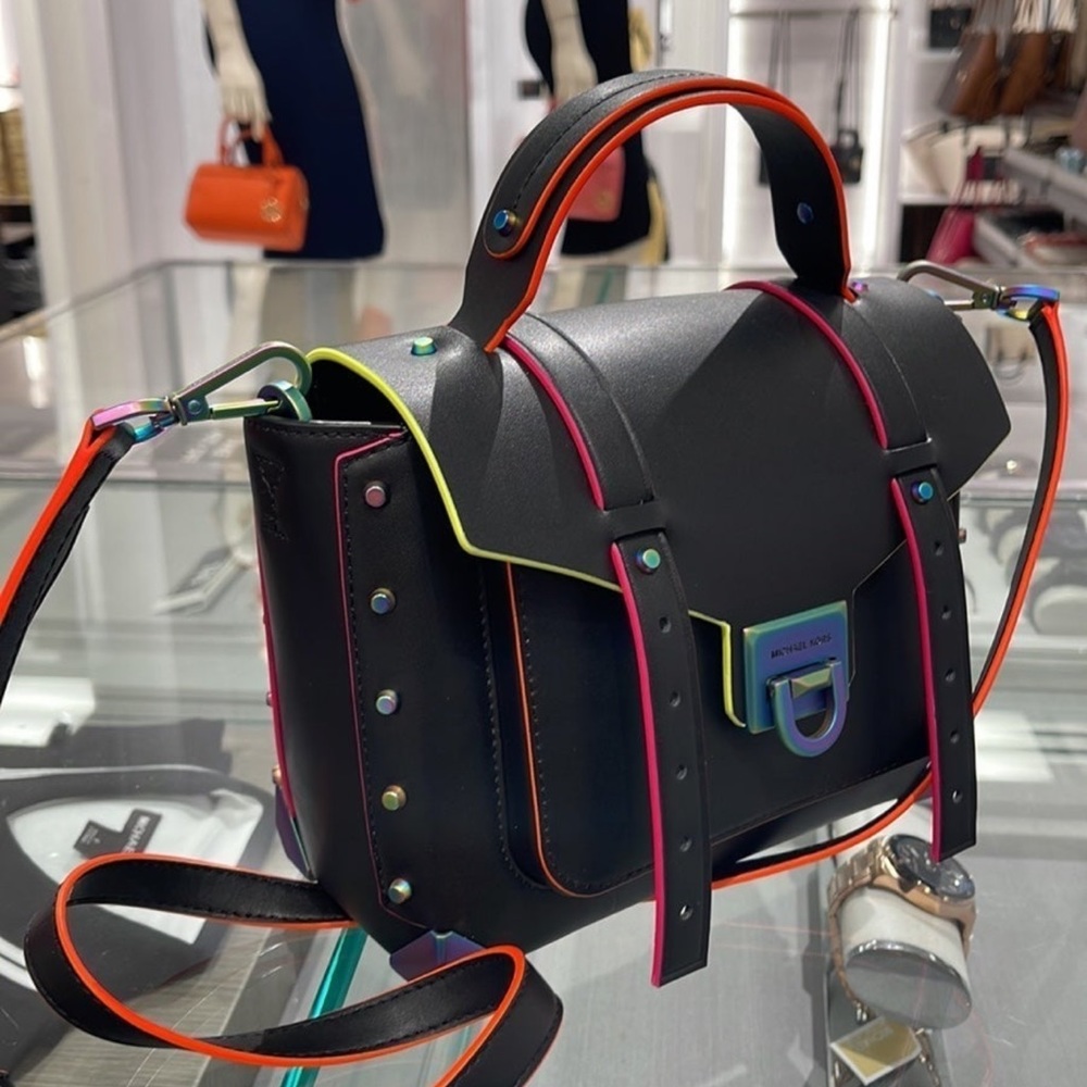 Stylish Black Leather Crossbody Bag with Neon Trim